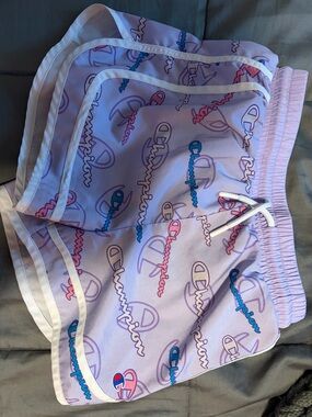 Champion Lilac All-Over Logo Athletic Shorts with White Trim